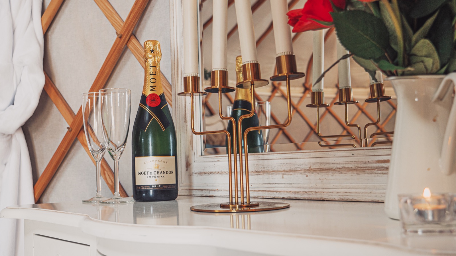 moet champagne in a luxury glamping yurt