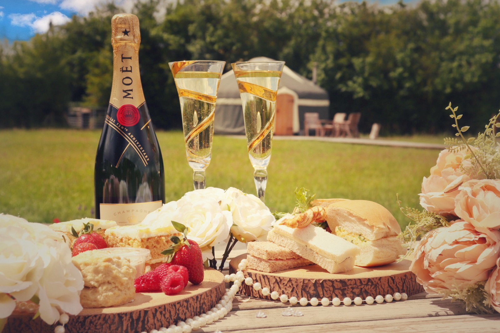Moet champagne and afternoon tea on a glampsite in Staffordshire, UK